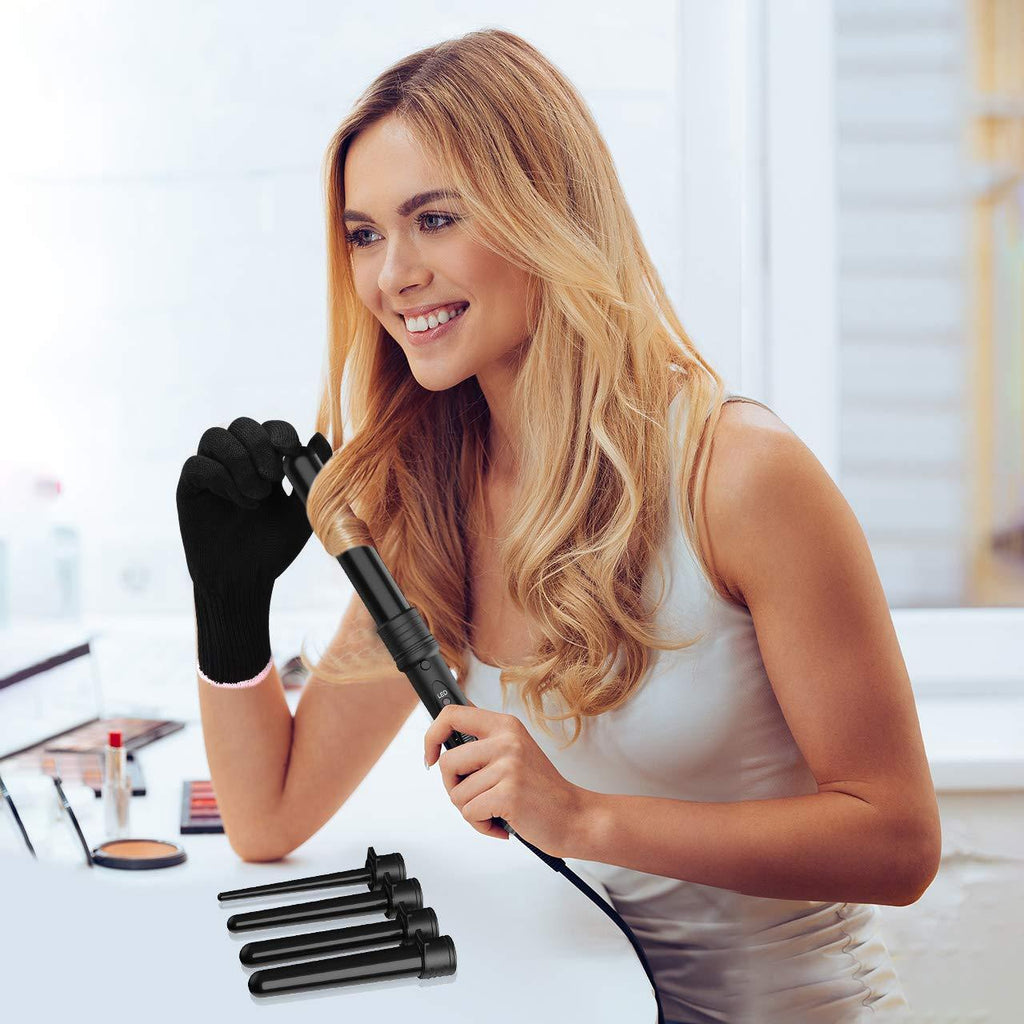 5 in 1 Curling Wand Set with 5 Interchangeable Hair Wand Ceramic Barrels and a Heat Protective Glove – Black