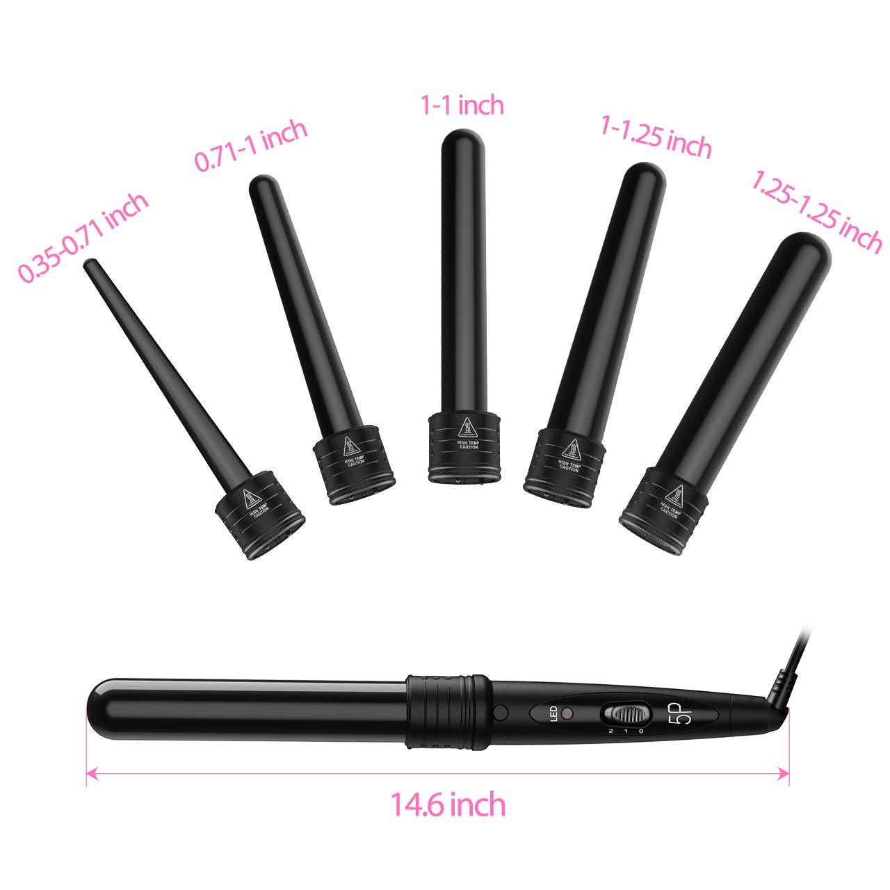 5 in 1 Curling Wand Set with 5 Interchangeable Hair Wand Ceramic Barrels and a Heat Protective Glove – Black
