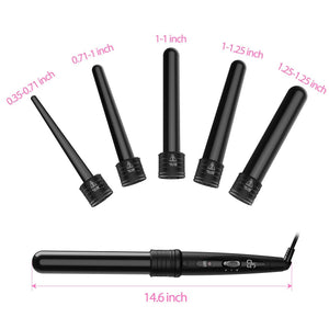 5 in 1 Curling Wand Set with 5 Interchangeable Hair Wand Ceramic Barrels and a Heat Protective Glove – Black